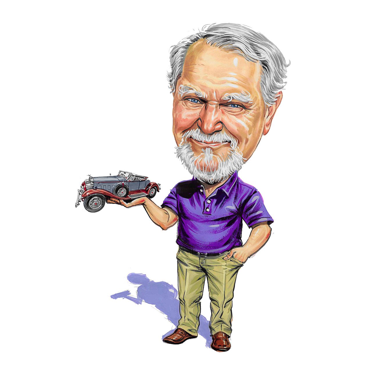 Caricature of Clive Cussler with Antique Car Model