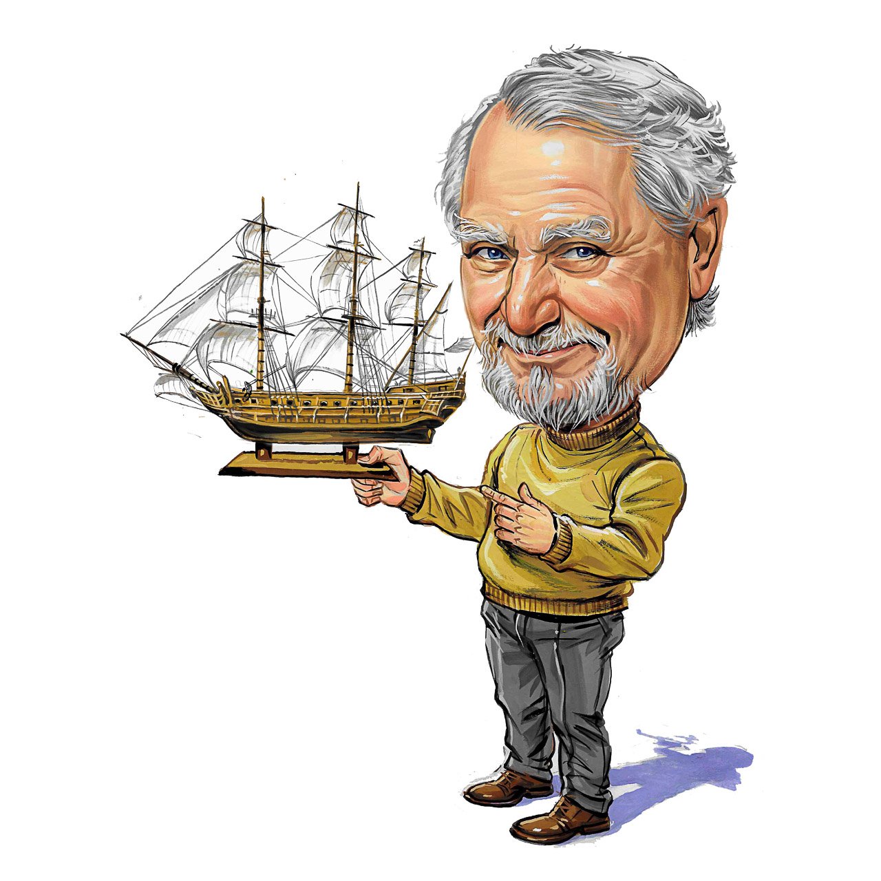 Caricature of Clive Cussler with Ship Model
